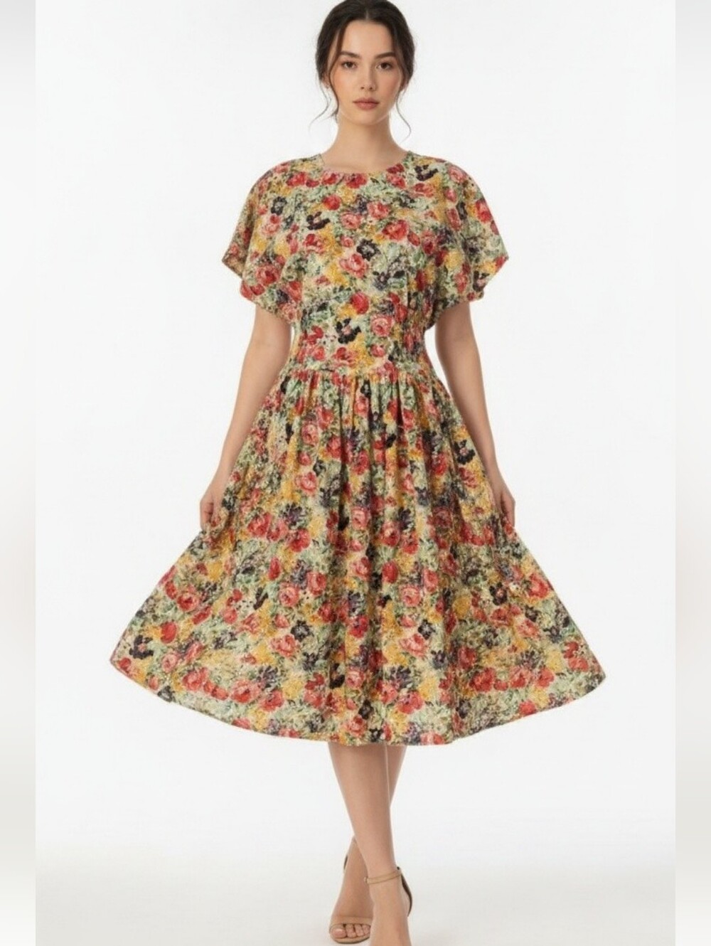 Vintage 1980s Floral Garden Dress Smocked Waist Cap Sleeves Custom Made Sz. 10